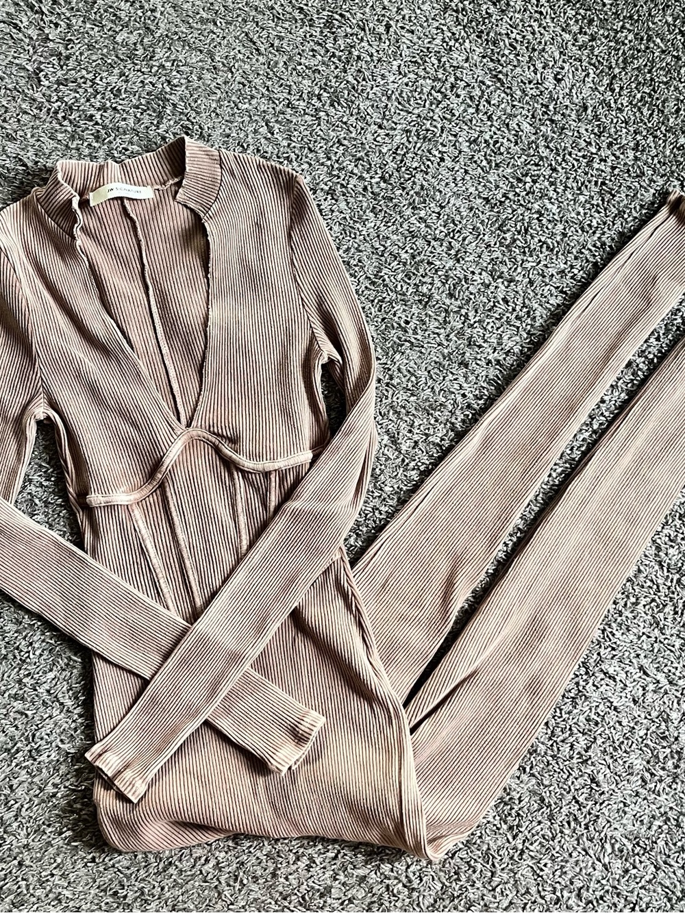 Johnny Was JW Los Angeles Tan Taupe Ribbed Long Sleeve Jumpsuit Mineral Wash